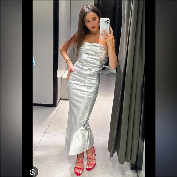 Zara The Fitted Denim bodycon silver midi dress sz.XS - Picture 8 of 16